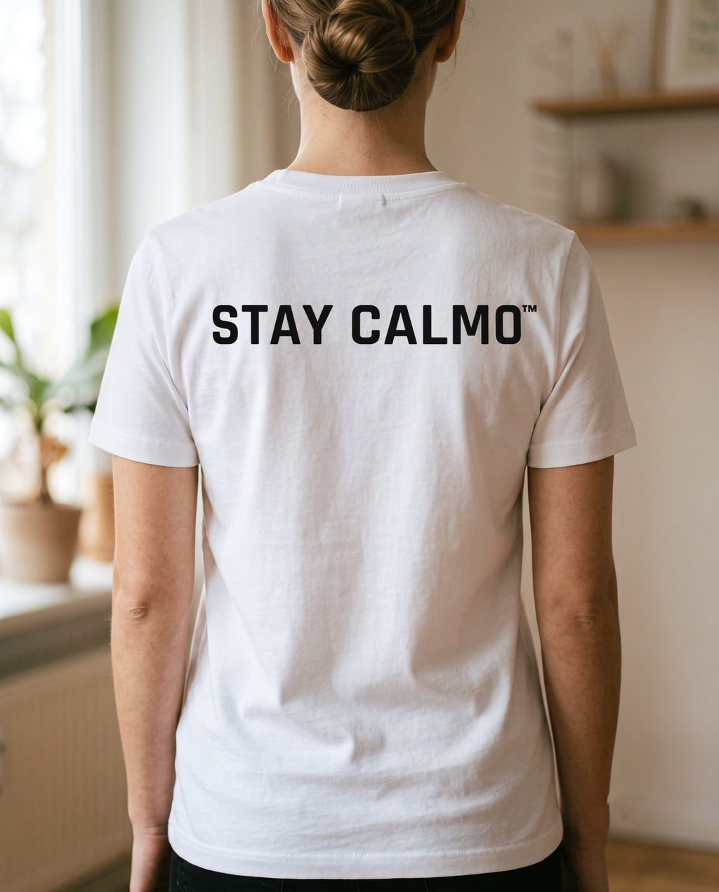 T-shirt Stay Calmo modello B bianca, donna — retro